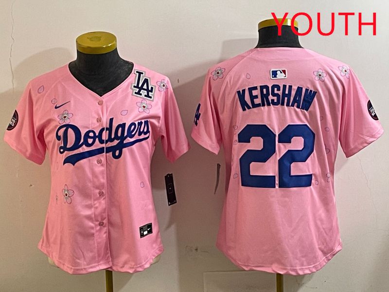 Youth Los Angeles Dodgers 22 Kershaw Pink White Blue Sakura Edition 2025 Nike MLB Jersey style 9